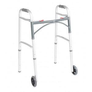 Drive Medical Deluxe Folding Walker Two Button with 5" Wheels - Junior, 2 Front Wheels, Adjustable Height 25" - 32.25", 350 lbs. Weight Capacity