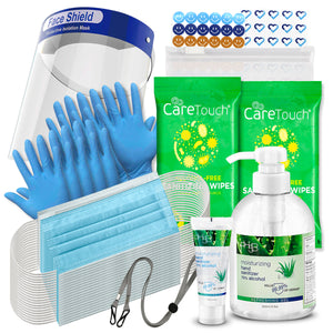 RightCare Adult & Teacher PPE Kit for Back to Work / Office / Classroom / Travel - Face Masks, Face Shield, Hand Sanitizer, Antibacterial Wipes, Nitrile Gloves