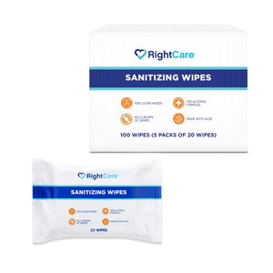 RightCare 75% Alcohol Sanitizing Wipes with Aloe, Resealable 20ct Bag, 5 Pack