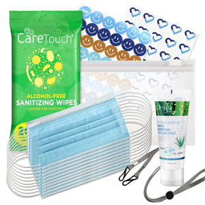 RightCare Back to The Classroom PPE Kits for Kids - Child Sized Face Masks, Hand Sanitizer, Sanitizing Wipes, Mask Lanyard, Stickers