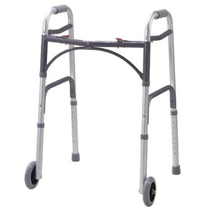 Drive Medical Deluxe Folding Walker Two Button with 5" Wheels - Adult, 2 Front Wheels, Adjustable Height 32" - 39", 350 lbs. Weight Capacity