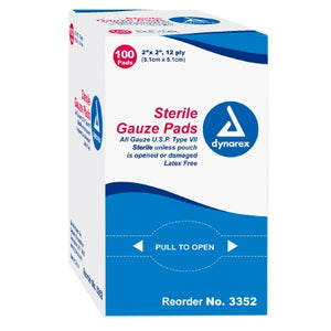Dynarex Gauze Pad - 2" x 2", Box of 100, 12-Ply